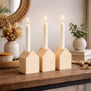 Trio Porta Velas Casinha de Madeira Maciça